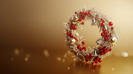 Aufkleber - A beautiful holiday wreath features golden adornments, red berries, and silver bells, creating a cheerful atmosphere.