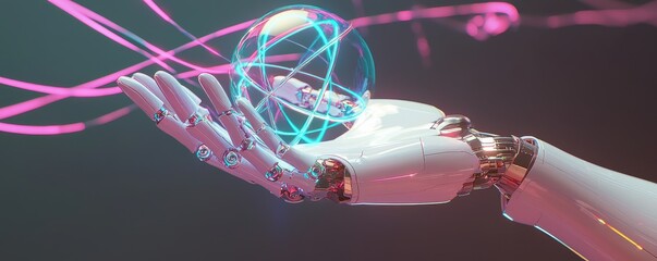 Poster - Futuristic robotic hand holding glowing atom with vibrant neon energy swirling around, symbolizing advanced technology and innovation in artificial intelligence and science