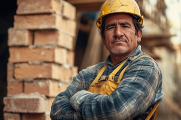 Poster - A construction worker wearing a hard hat and overalls, ready for a day on the job site