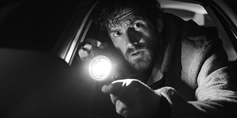 Aufkleber - A person holding a flashlight in a vehicle, potentially for search or navigation