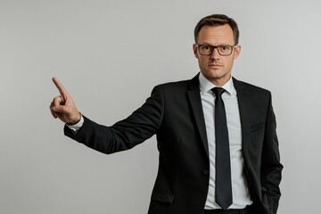 Poster - A businessman in a suit and tie pointing out something, great for business or finance-related projects