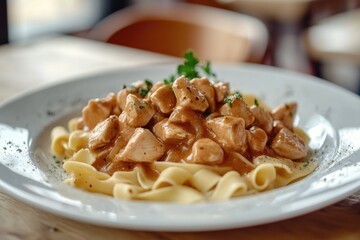 Poster - A photo of pasta served hot and saucy on a clean white plate