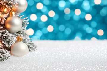 Wall Mural - festive christmas tree with ornaments and snow on blue backdrop