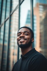Poster - A person smiling while standing in front of a tall building, suitable for use in real estate or cityscape illustrations