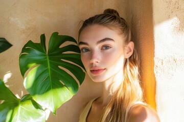 Canvas Print - A woman stands next to a plant, with a wall in the background