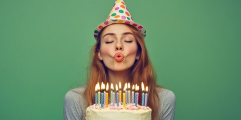 Poster - A woman blowing out candles on a birthday cake