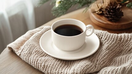 Poster - A cup of coffee sits on top of a saucer, ready for use