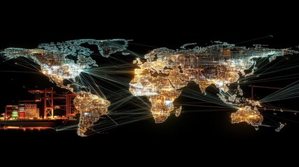 Wall Mural - a modern world map with digital lines connecting key trade hubs across oceans and borders.