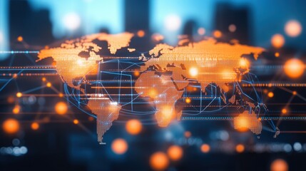 A modern world map with digital lines connecting key trade hubs across oceans and borders.