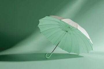 Canvas Print - A green umbrella sitting on a table, ready for use