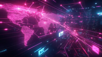 Wall Mural - a realistic world map with neon lines connecting major cities, showing the flow of international tra