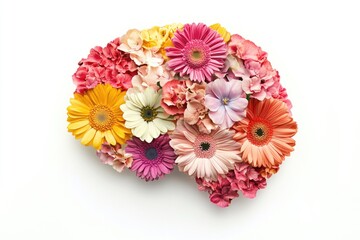 A creative arrangement of flowers forms a human brain shape on a white background, suitable for educational or decorative purposes