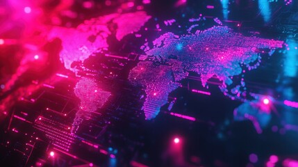 Wall Mural - a realistic world map with neon lines connecting major cities, showing the flow of international tra