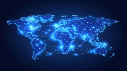 Fototapete - A world map with bright, interconnecting lines illustrating the global web of trade routes and financial exchanges.