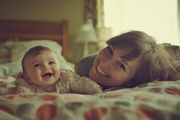 Canvas Print - A mother lying beside her infant on a bed, a heartwarming moment