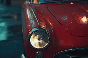 A close-up shot of the front of a bright red car