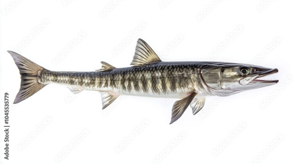 barracuda displays its distinct elongated body and sharp teeth ...