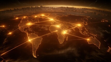 A world map with glowing trade lines, illustrating the connection of economies across continents and oceans.