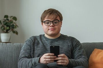 Aufkleber - A person sitting on a couch holding a cell phone, perfect for depicting modern life