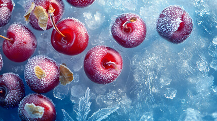 Artistic and Inviting Frozen Cherries Background Adorned with Shimmering Ice Crystals and Freshness