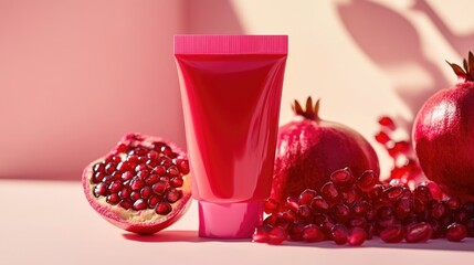 Poster - A pomegranate sits beside a pink cream-filled tube, awaiting use or consumption