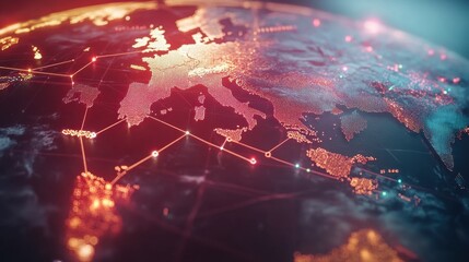 Wall Mural - a world map with illuminated lines connecting major trading hubs across the globe, symbolizing inter