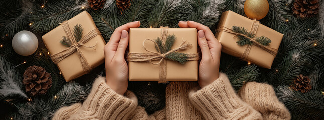 Top view of woman's hands holding New Year's gift box