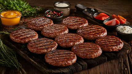 An Eye-Catching Arrangement of Frozen Turkey Burgers with Fresh Ingredients on a Rustic Table Perfect for Outdoor Grilling