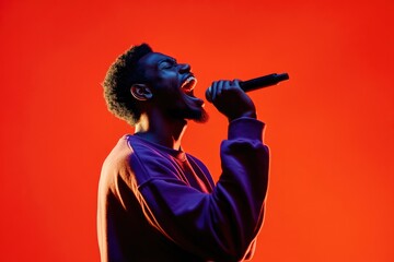 Aufkleber - A person singing into a microphone against a bright red background, ideal for use in music-related contexts such as concerts or promotional materials