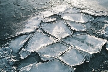 Poster - A group of ice flakes floating on the surface of the water, creating a mesmerizing pattern