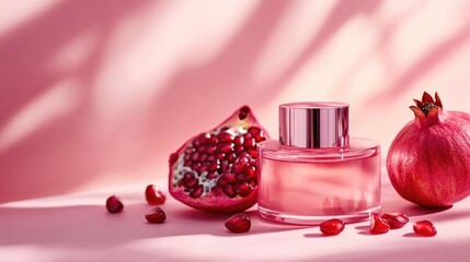 Poster - A bottle of perfume sits next to a ripe pomegranate, ideal for use in lifestyle or still life photography