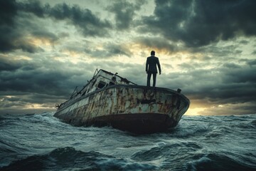 Poster - A man stands on the deck of a boat in the middle of the ocean, surrounded by open water