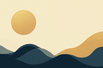 Poster - Minimalist abstract landscape with sun and rolling hills in earth tones.