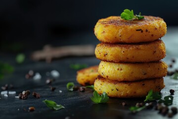 Three fried foods stacked on a table