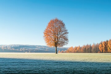 Poster - A single tree stands alone in a frosty field, perfect for winter or seasonal themes
