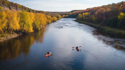 Poster - Two people in canoes paddle down a river, enjoying the scenery