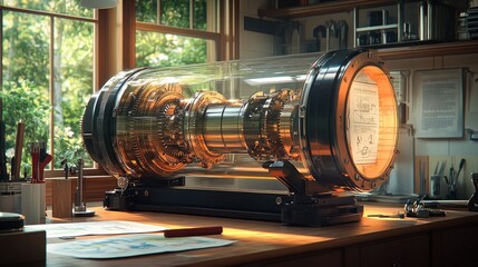 A steampunk-style contraption sits on a workbench in a workshop.