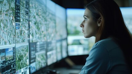 Dispatch center with a large wall screen tracking vehicle movements in real-time, operators monitoring closely.