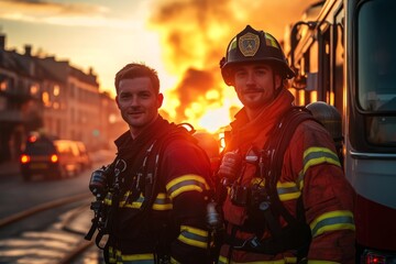 Two brave firefighters stand proudly against a fiery backdrop. Their smiles show courage and dedication. A powerful image illustrating heroism and teamwork. Generative AI