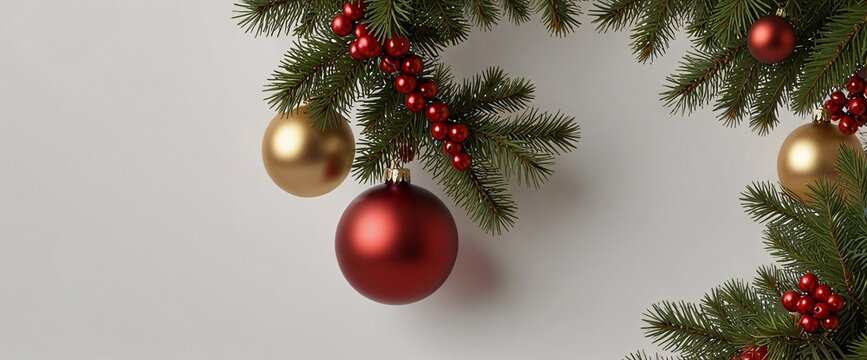 Christmas Branches Border with Christmas Decorations isolated against a clean white background, showcasing its transparent design and elegant shape