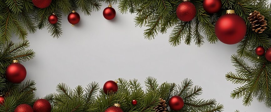 Christmas Branches Border with Christmas Decorations isolated against a clean white background, showcasing its transparent design and elegant shape