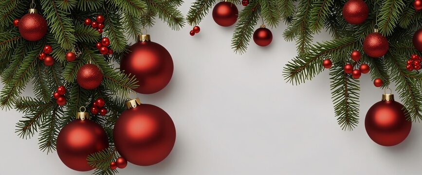 Christmas Branches Border with Christmas Decorations isolated against a clean white background, showcasing its transparent design and elegant shape