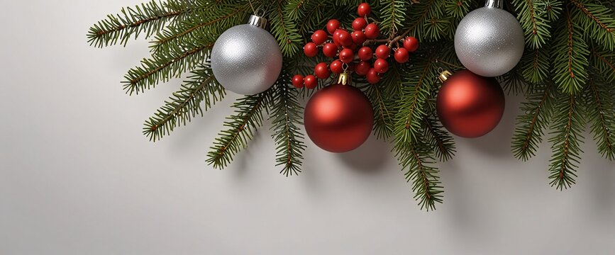 Christmas Branches Border with Christmas Decorations isolated against a clean white background, showcasing its transparent design and elegant shape