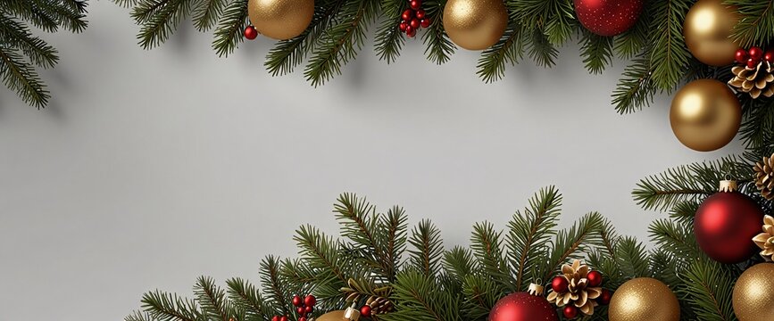 Christmas Branches Border with Christmas Decorations isolated against a clean white background, showcasing its transparent design and elegant shape