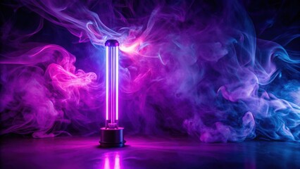 A neon light illuminates the swirling, abstract smoke in a vibrant display of purple and blue hues.