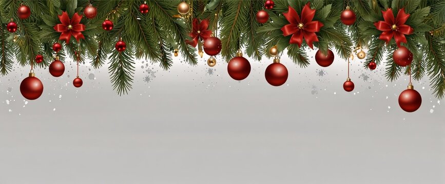 Christmas Branches Border with Christmas Decorations isolated against a clean white background, showcasing its transparent design and elegant shape