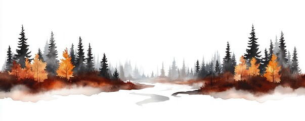 Sticker - Watercolor Forest Landscape with River