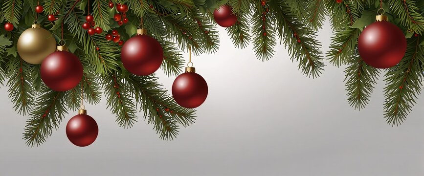 Christmas Branches Border with Christmas Decorations isolated against a clean white background, showcasing its transparent design and elegant shape