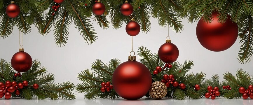 Christmas Branches Border with Christmas Decorations isolated against a clean white background, showcasing its transparent design and elegant shape