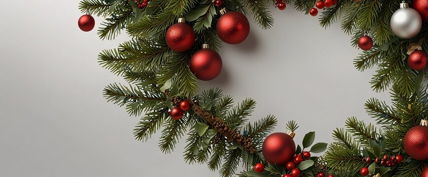 Christmas Branches Border with Christmas Decorations isolated against a clean white background, showcasing its transparent design and elegant shape